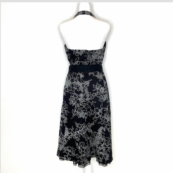 AGB Pin Up Style Fit and Flare Tulle Dress Belted Halter Top Cotton Black Floral - Picture 2 of 7